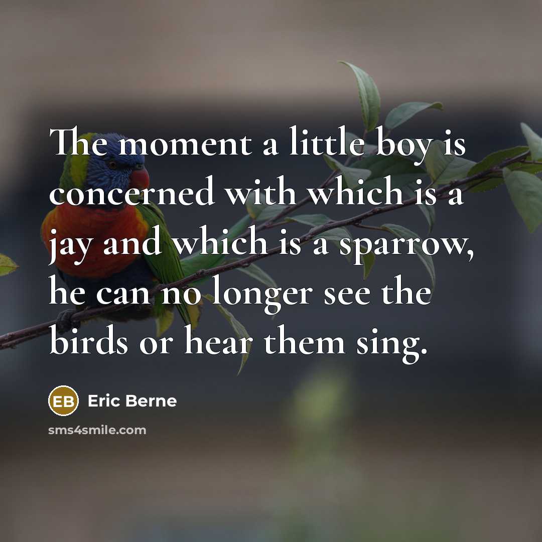 “The moment a little boy is concerned with which is a jay and which is a sparrow, he can no longer see the birds or hear them sing.” quote by Eric Berne