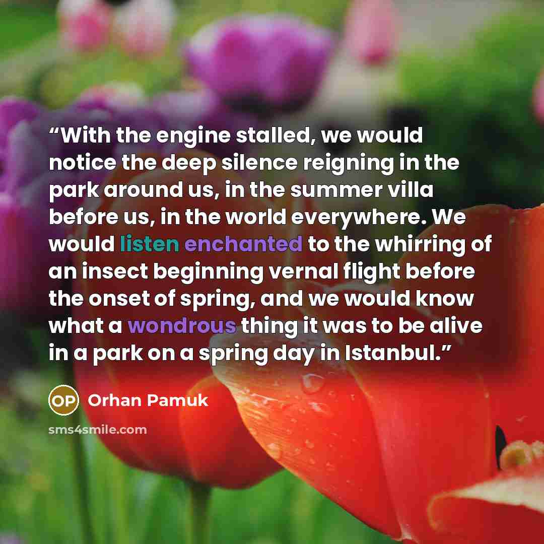 “With the engine stalled, we would notice the deep silence reigning in the park around us, in the summer villa before us, in the world everywhere. We would listen enchanted to the whirring of an insect beginning vernal flight before the onset of spring, and we would know what a wondrous thing it…” quote by Orhan Pamuk
