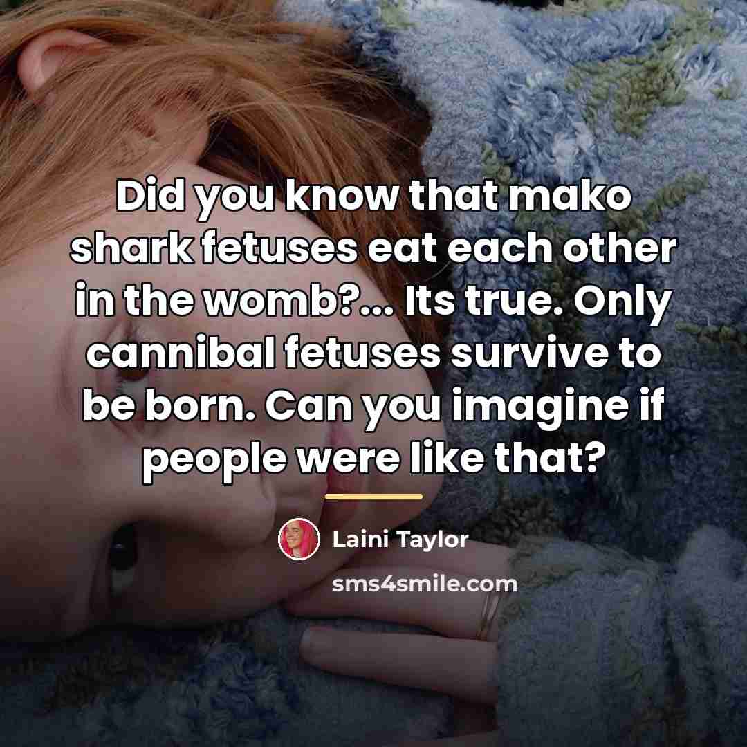 “Did you know that mako shark fetuses eat each other…” quote by Laini Taylor
