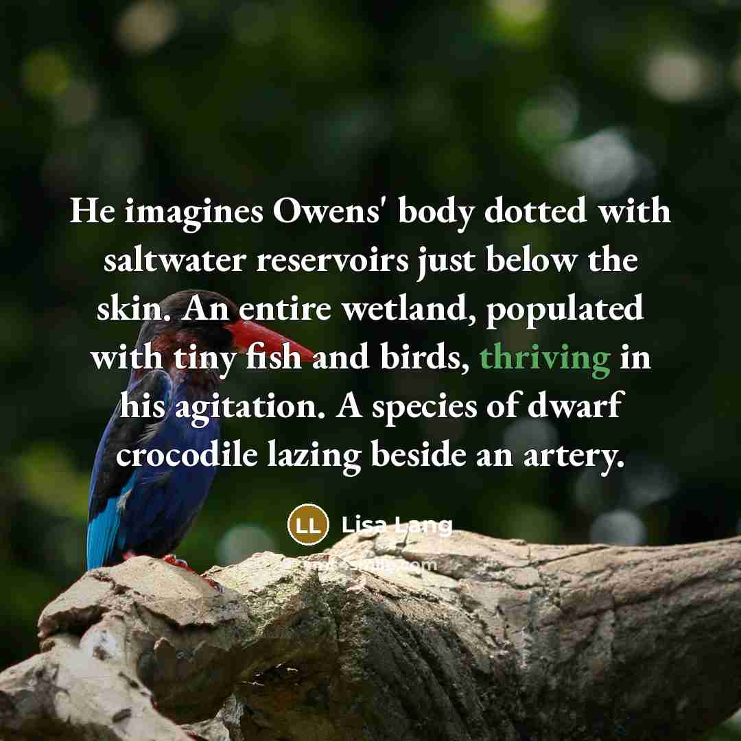 “He imagines Owens' body dotted with saltwater reservoirs just below the skin. An entire wetland, populated with tiny fish and birds, thriving in his agitation. A species of dwarf crocodile lazing beside an artery.” quote by Lisa Lang