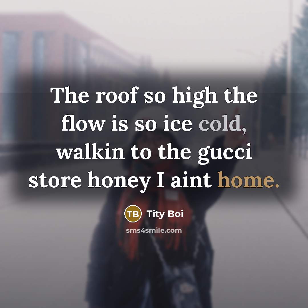 “The roof so high the flow is so ice cold, walkin to the gucci store honey I aint home.” quote by Tity Boi