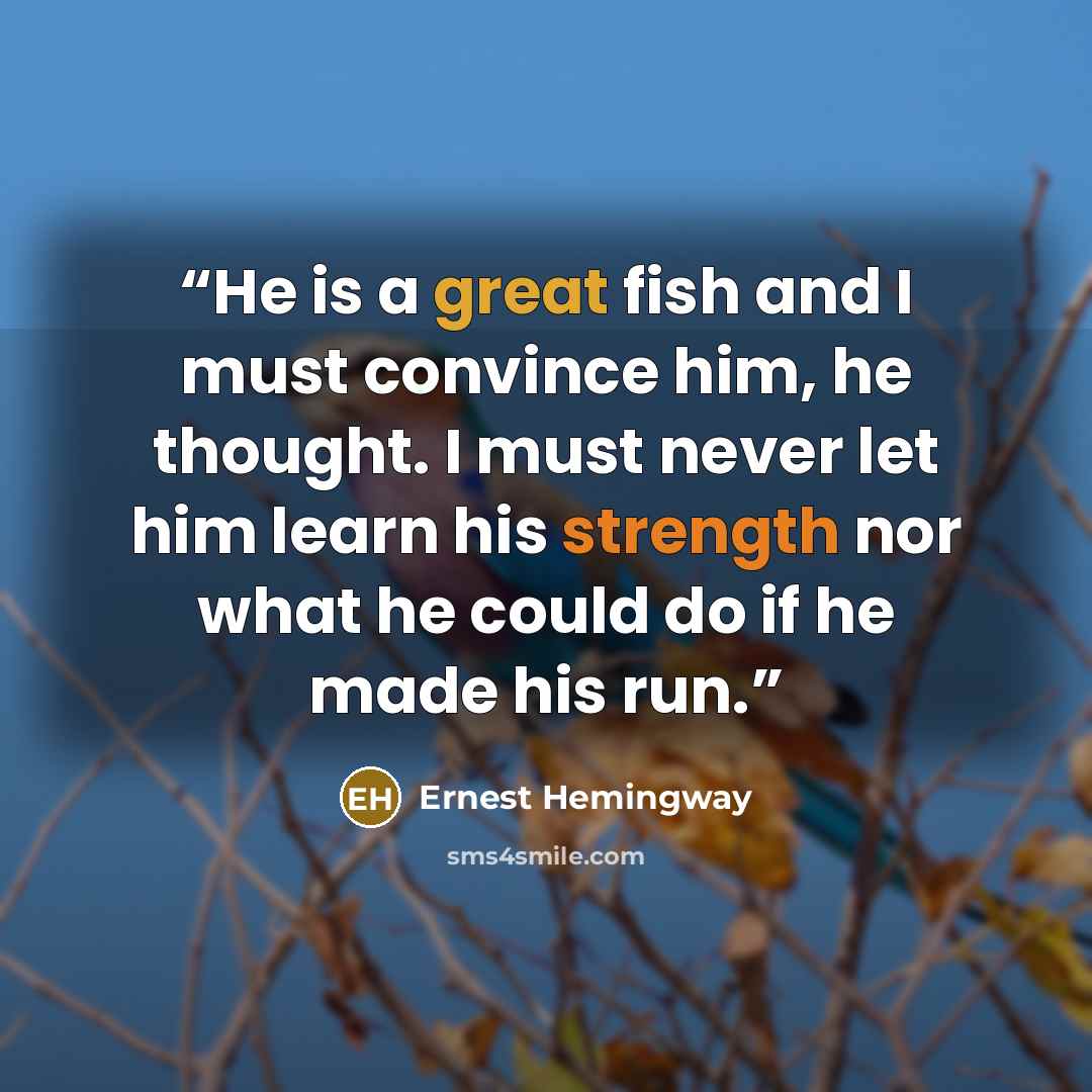 “He is a great fish and I must convince him, he thought. I must never let him learn his strength nor what he could do if he made his run.” quote by Ernest Hemingway