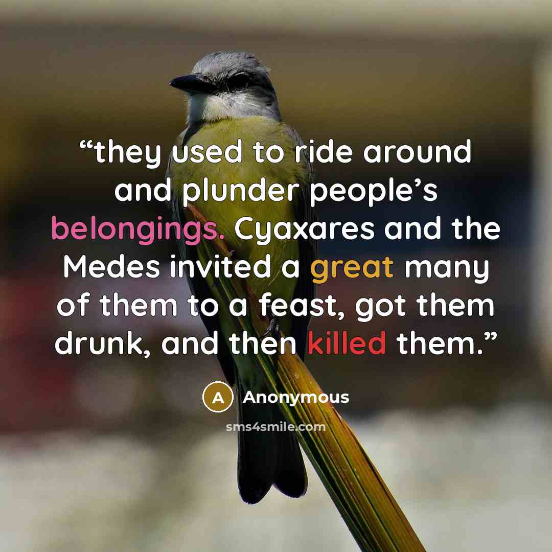 “they used to ride around and plunder people’s belongings. Cyaxares and the Medes invited a great many of them to a feast, got them drunk, and then killed them.” quote by Anonymous