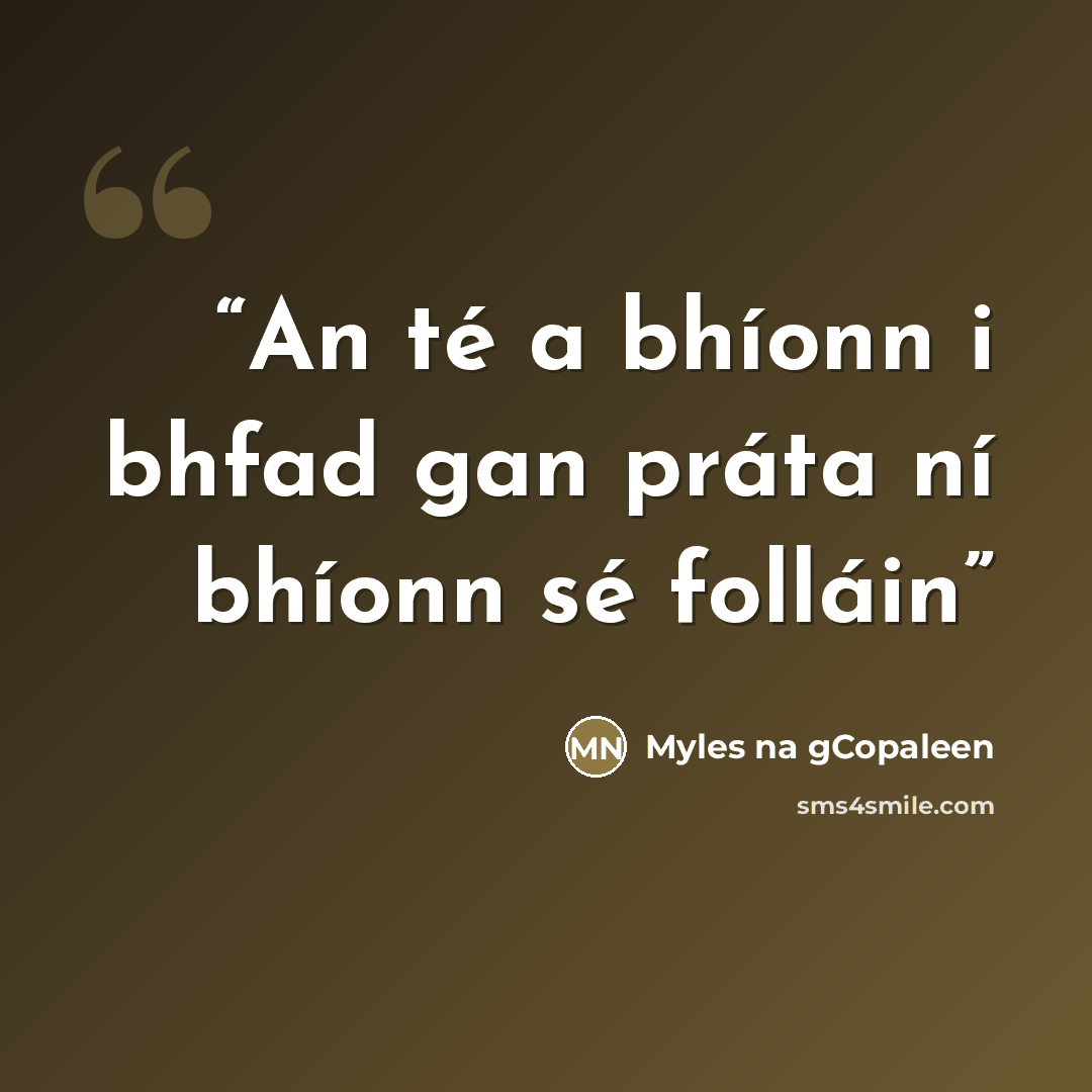 “An té a bhíonn i bhfad gan práta ní bhíonn sé folláin” quote by Myles Na Gcopaleen