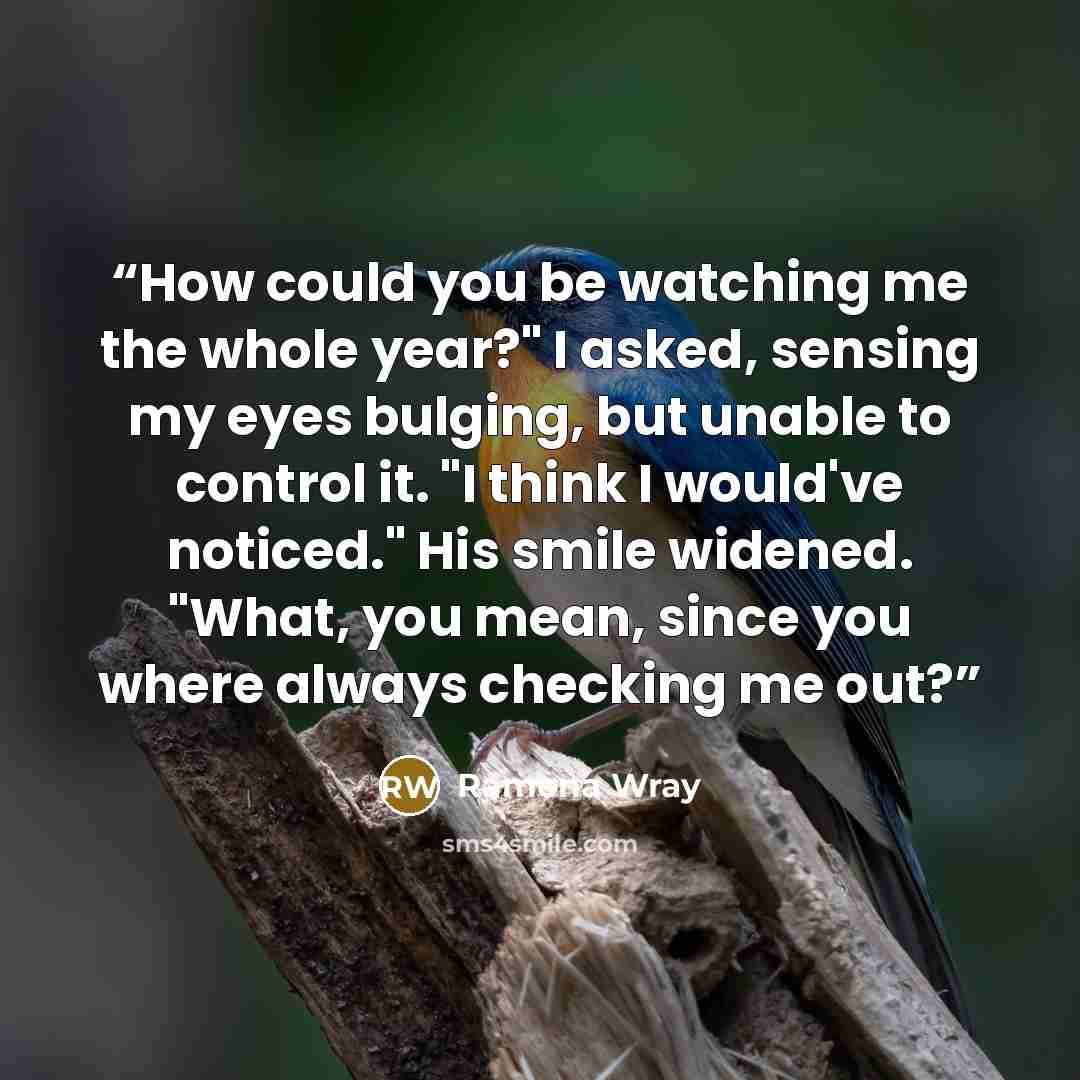 “How could you be watching me the whole year?" I asked, sensing my eyes bulging, but unable to control it. "I think I would've noticed." His smile widened. "What, you mean, since you where always checking me out?” quote by Ramona Wray