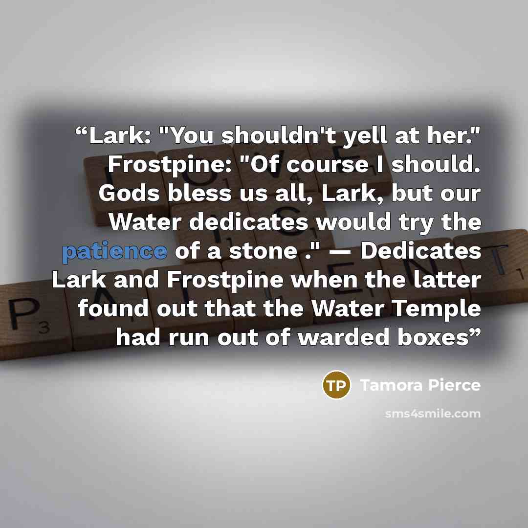 “Lark: "You shouldn't yell at her." Frostpine: "Of course I should. Gods bless us all, Lark, but our Water dedicates would try the patience of a stone ." — Dedicates Lark and Frostpine when the latter found out that the Water Temple had run out of warded boxes” quote by Tamora Pierce