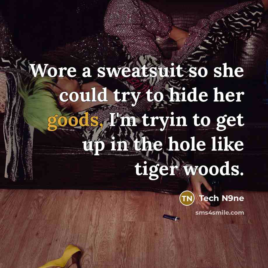 “Wore a sweatsuit so she could try to hide her goods, I'm tryin to get up in the hole like tiger woods.” quote by Tech N9ne