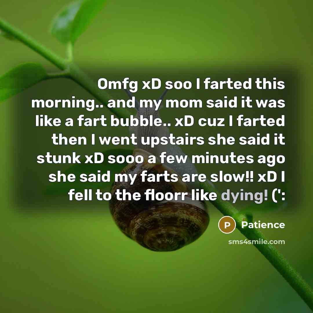 “Omfg xD soo I farted this morning.. and my mom said it was like a fart bubble.. xD cuz I farted then I went upstairs she said it stunk xD sooo a few minutes ago she said my farts are slow!! xD I fell to the floorr like dying! (':” quote by Patience