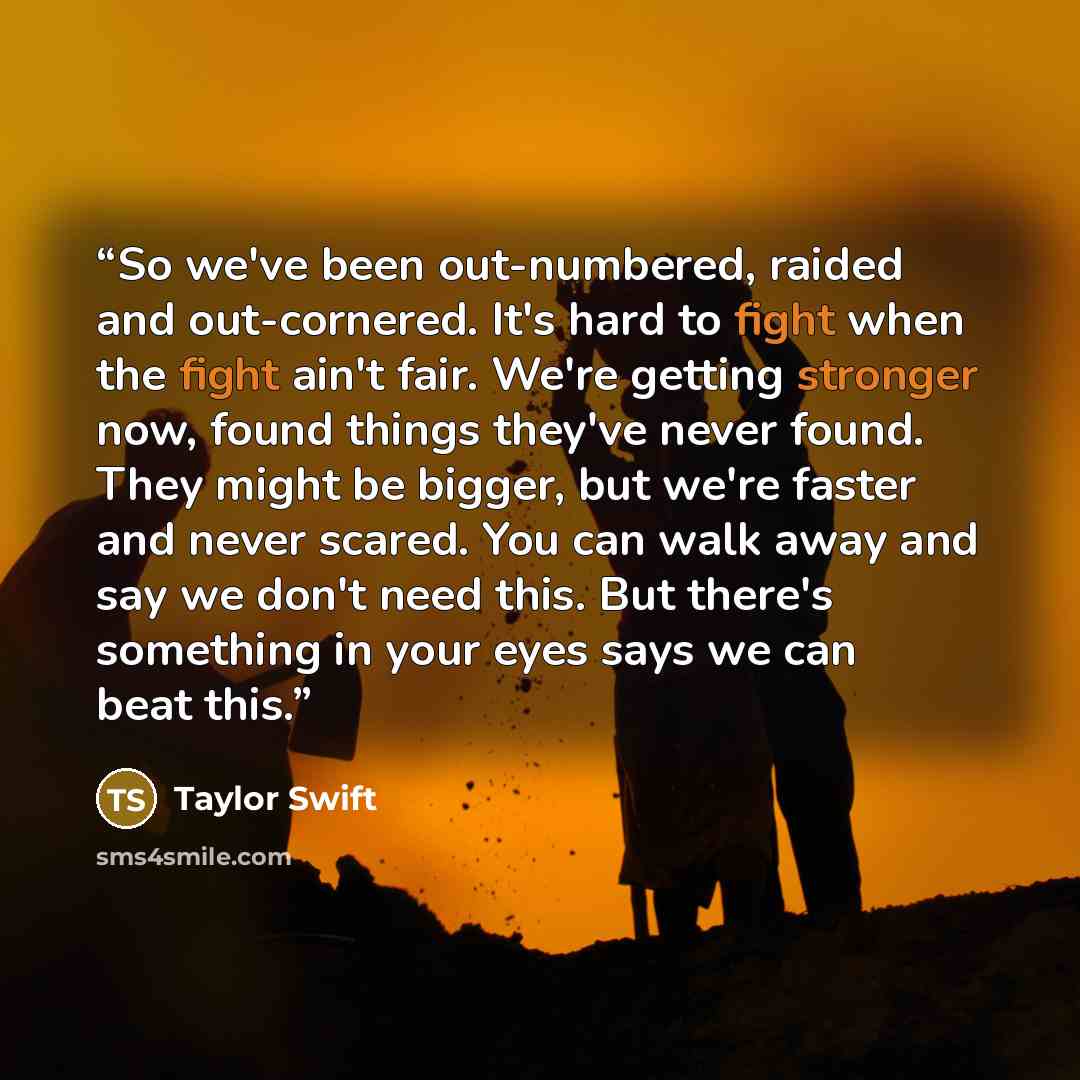 “So we've been out-numbered, raided and out-cornered. It's hard to fight when the fight ain't fair. We're getting stronger now, found things they've never found. They might be bigger, but we're faster and never scared. You can walk away and say we don't need this. But there's something in your eyes…” quote by Taylor Swift