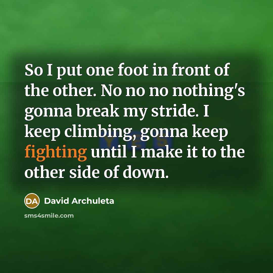 “So I put one foot in front of the other. No no no nothing's gonna break my stride. I keep climbing, gonna keep fighting until I make it to the other side of down.” quote by David Archuleta
