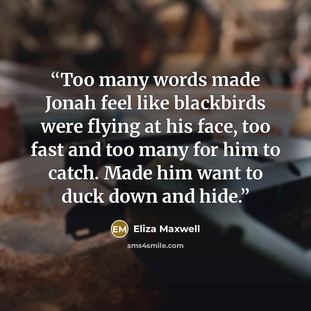 “Too many words made Jonah feel like blackbirds were flying at his face, too fast and too many for him to catch. Made him want to duck down and hide.” quote by Eliza Maxwell