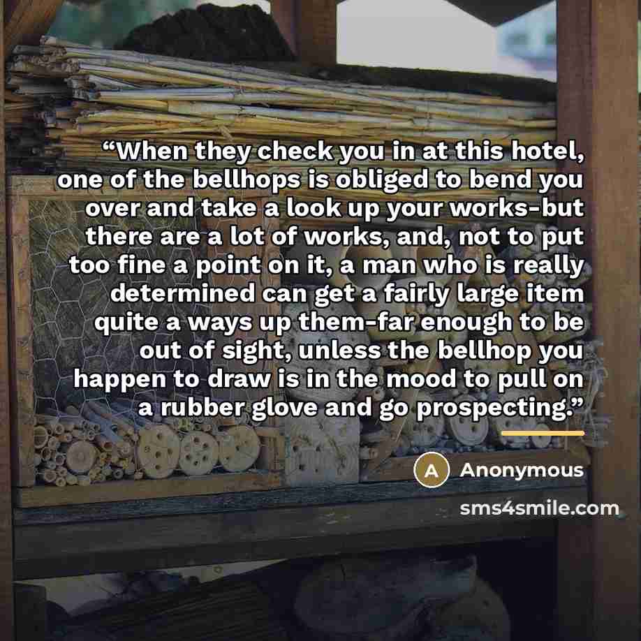 “When they check you in at this hotel, one of the bellhops is obliged to bend you over and take a look up your works-but there are a lot of works, and, not to put too fine a point on it, a man who is really determined can get a fairly large item quite a ways up them-far enough to be out of sight…” quote by Anonymous