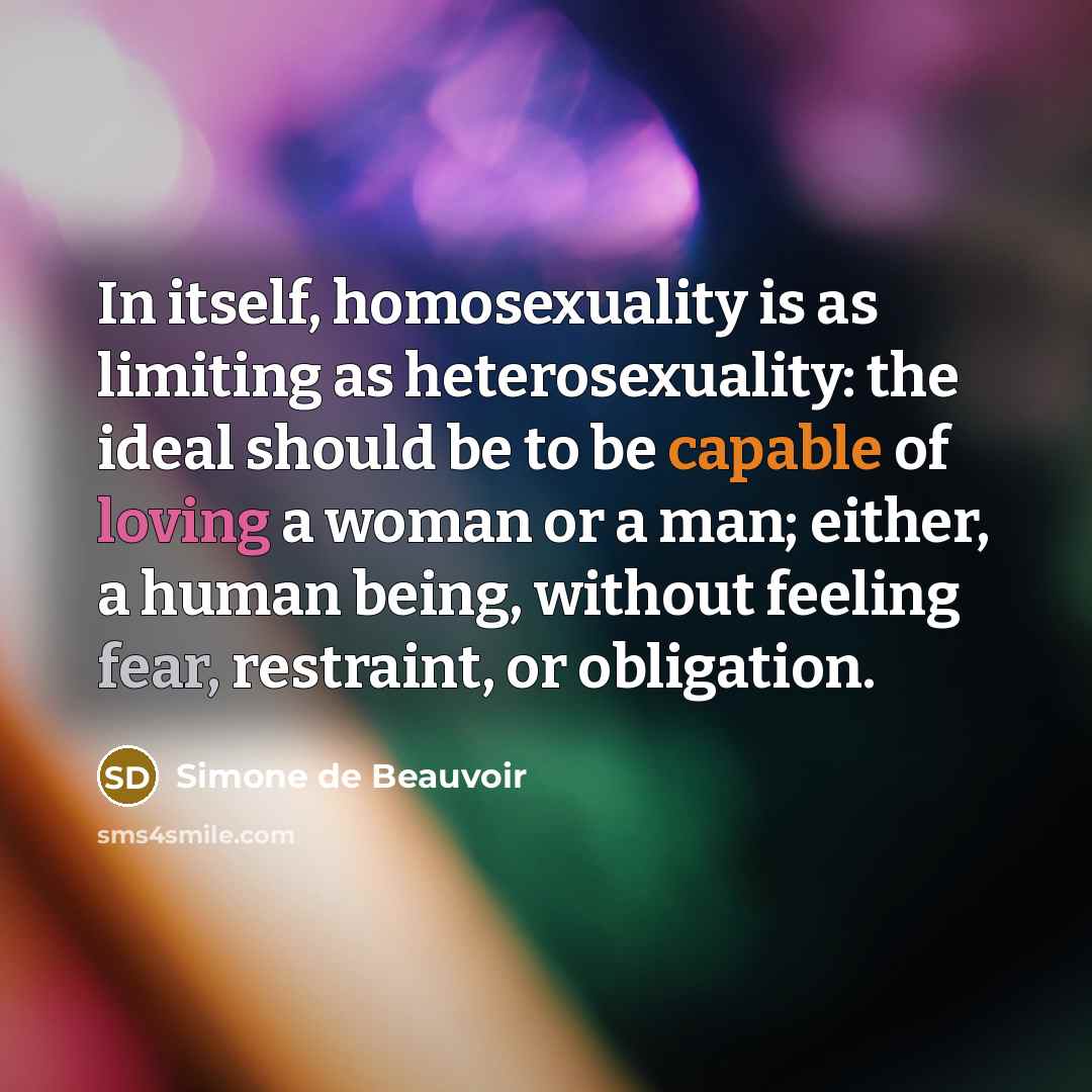 “In itself, homosexuality is as limiting as heterosexuality: the ideal…” quote by Simone de Beauvoir
