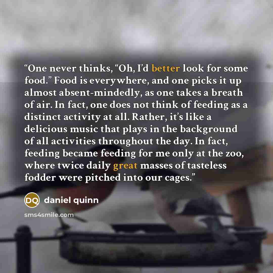 “One never thinks, “Oh, I’d better look for some food.” Food is everywhere, and one picks it up almost absent-mindedly, as one takes a breath of air. In fact, one does not think of feeding as a distinct activity at all. Rather, it’s like a delicious music that plays in the background of all…” quote by Daniel Quinn