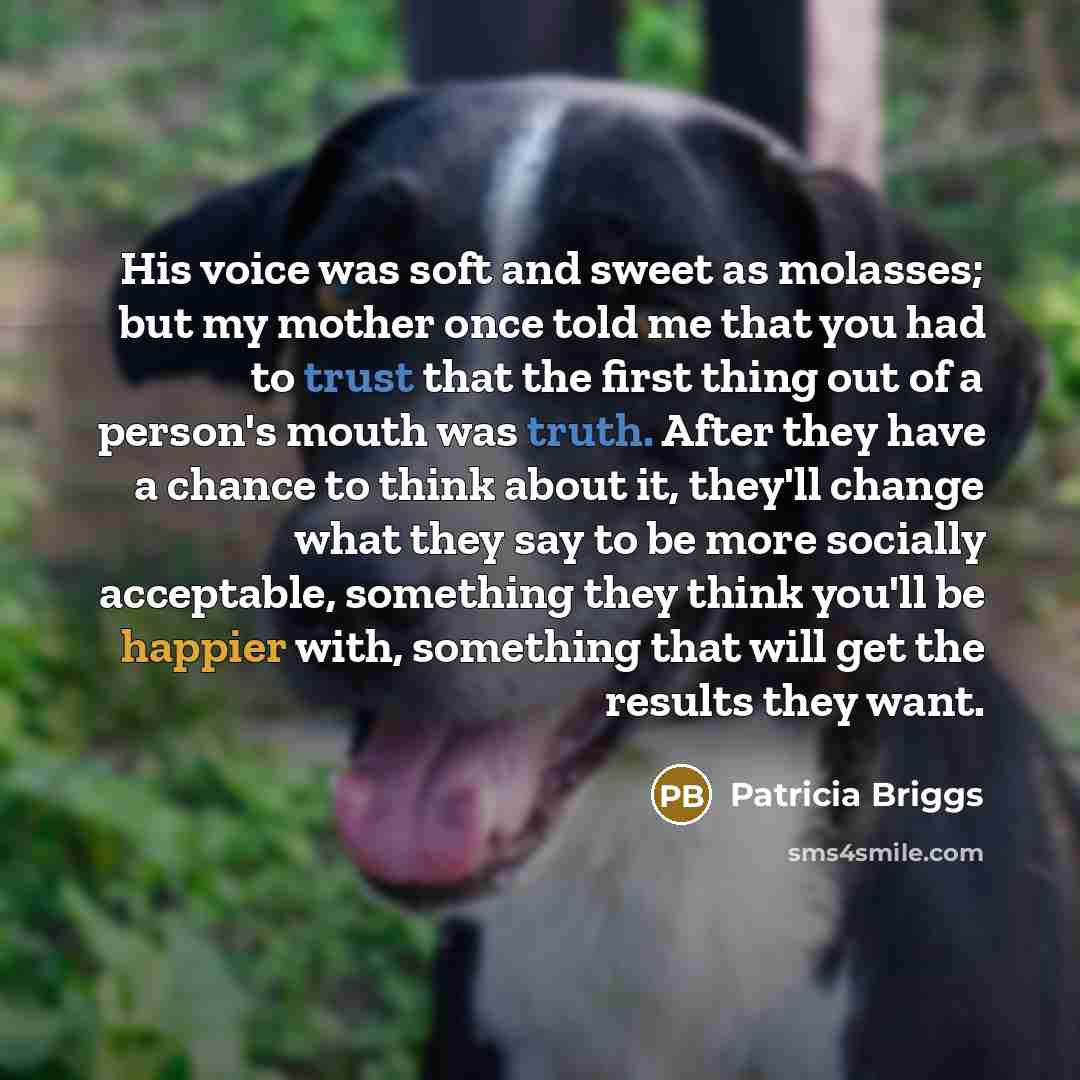 “His voice was soft and sweet as molasses; but my…” quote by Patricia Briggs