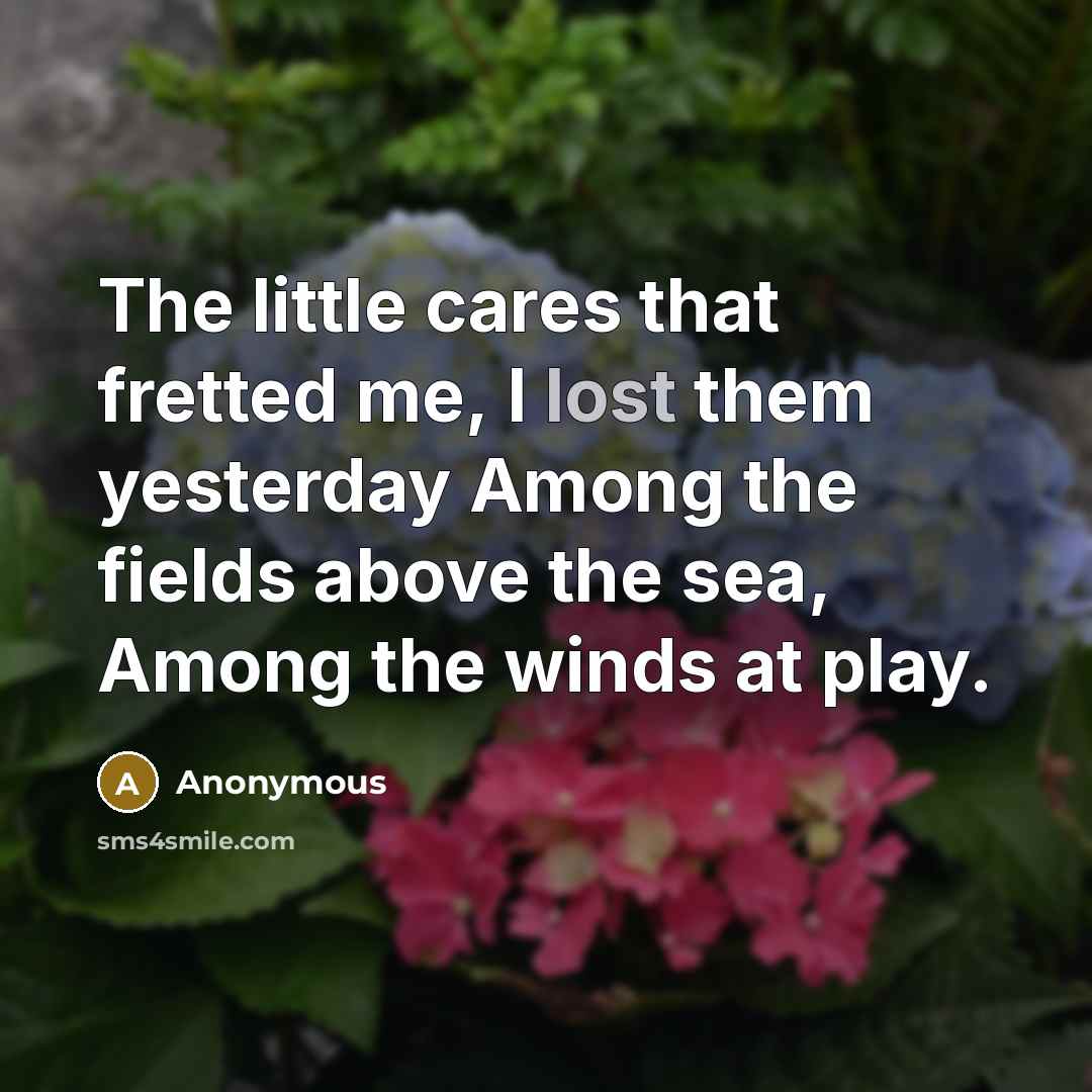 “The little cares that fretted me, I lost them yesterday…” quote by Anonymous
