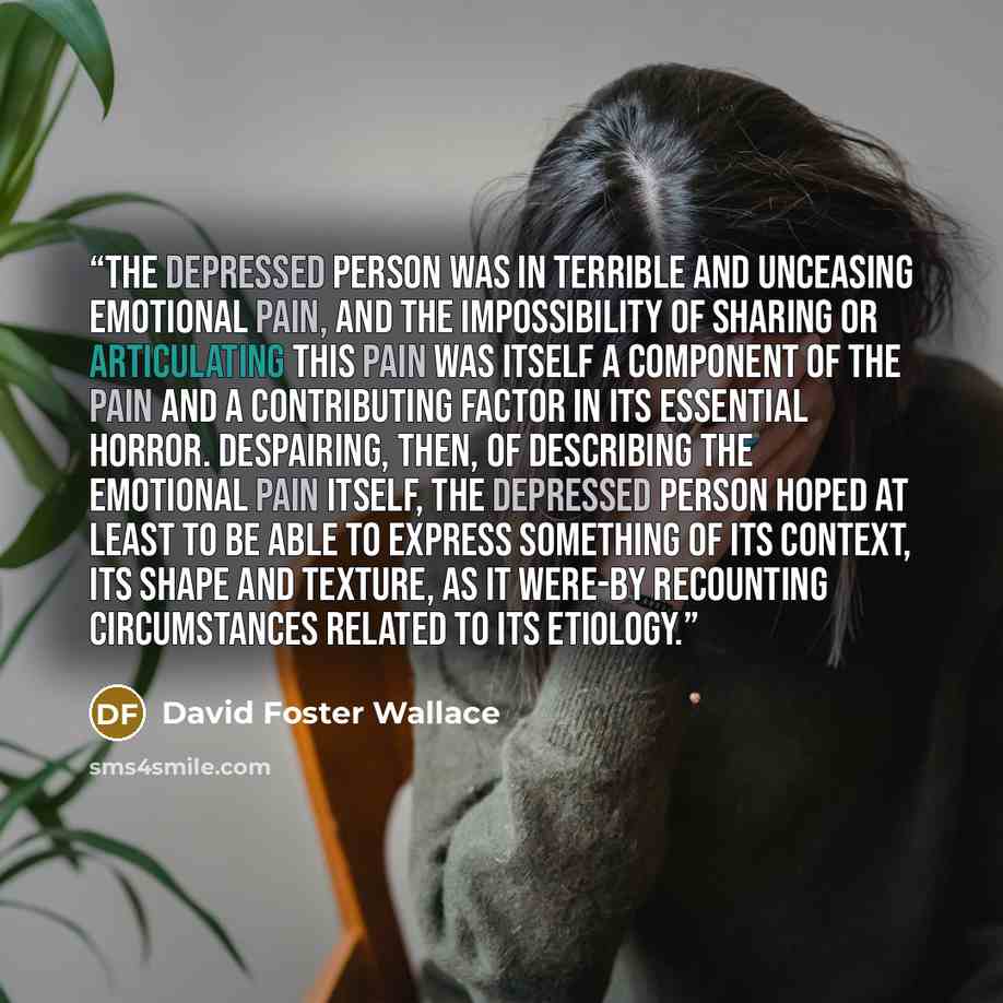 “The depressed person was in terrible and unceasing emotional pain, and the impossibility of sharing or articulating this pain was itself a component of the pain and a contributing factor in its essential horror. Despairing, then, of describing the emotional pain itself, the depressed person hoped…” quote by David Foster Wallace