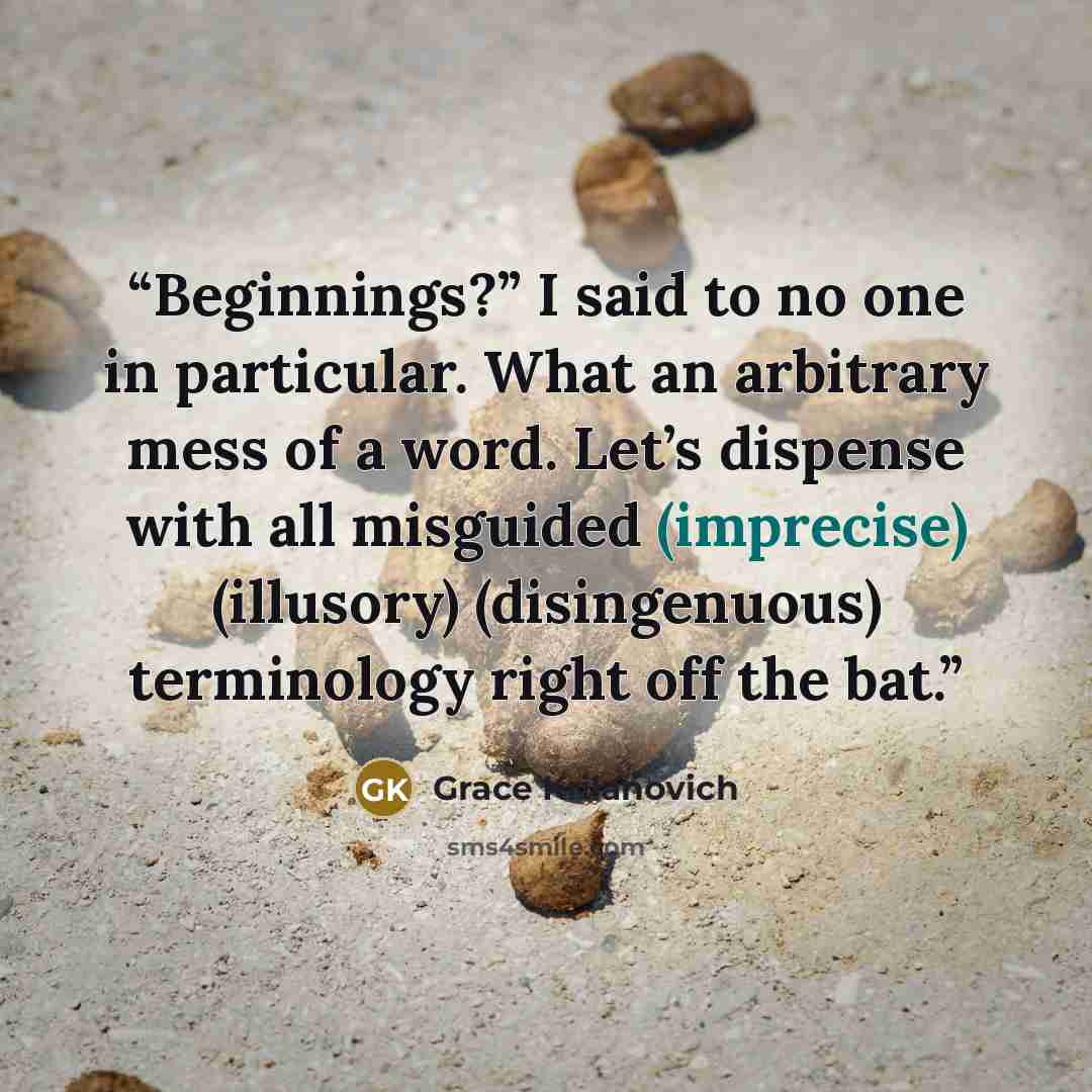 “Beginnings?” I said to no one in particular. What an arbitrary mess of a word. Let’s dispense with all misguided (imprecise) (illusory) (disingenuous) terminology right off the bat.” quote by Grace Krilanovich