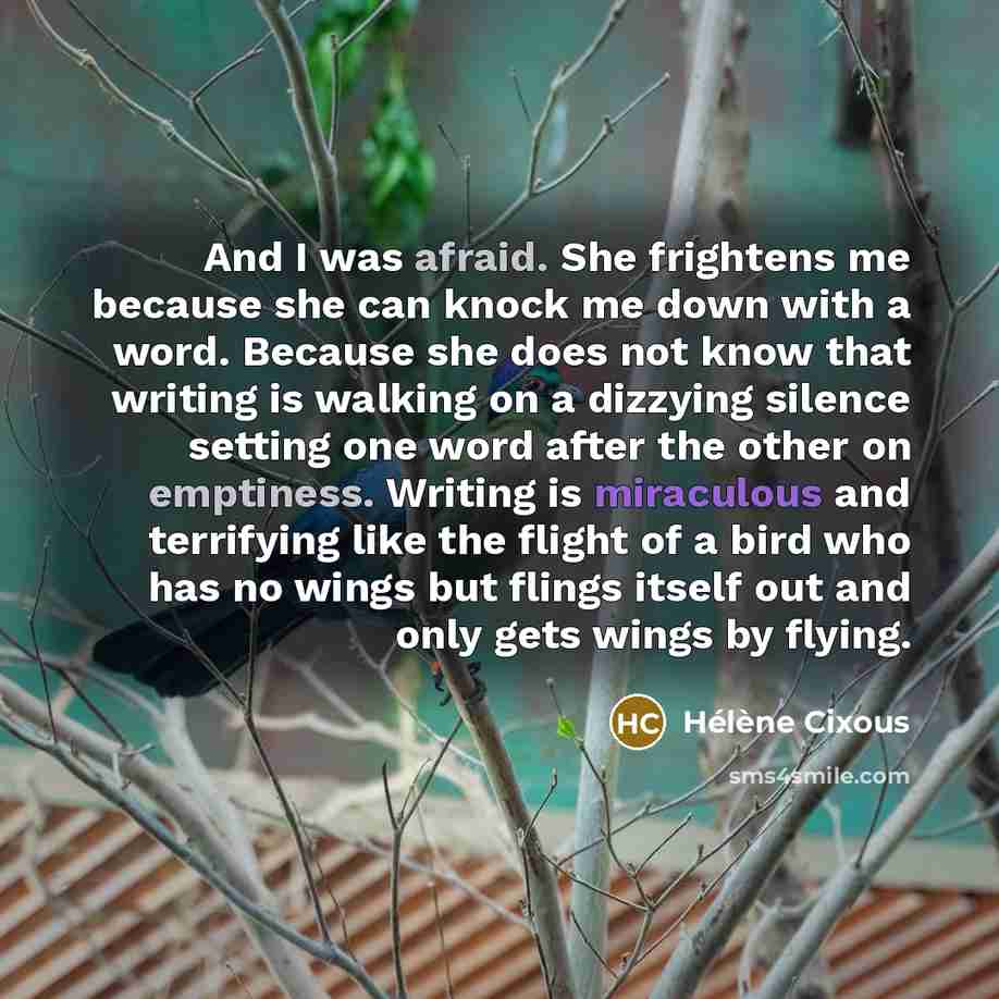 “And I was afraid. She frightens me because she can knock me down with a word. Because she does not know that writing is walking on a dizzying silence setting one word after the other on emptiness. Writing is miraculous and terrifying like the flight of a bird who has no wings but flings itself out…” quote by Helene Cixous