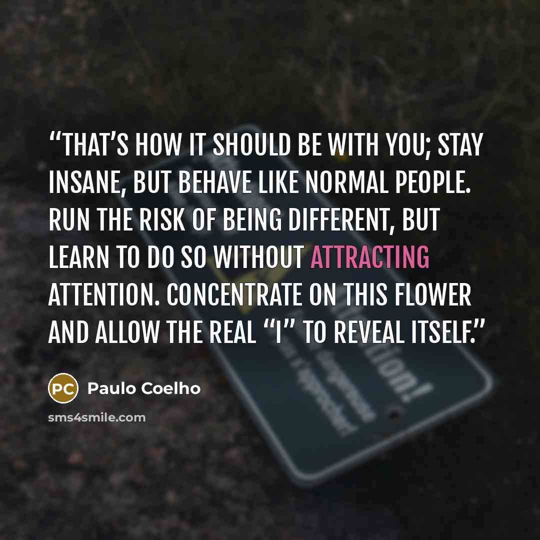 “That’s how it should be with you; stay insane, but behave like normal people. Run the risk of being different, but learn to do so without attracting attention. Concentrate on this flower and allow the real “I” to reveal itself.” quote by Paulo Coelho