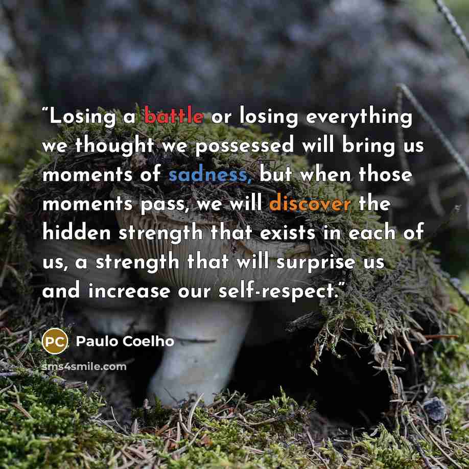 “Losing a battle or losing everything we thought we possessed will bring us moments of sadness, but when those moments pass, we will discover the hidden strength that exists in each of us, a strength that will surprise us and increase our self-respect.” quote by Paulo Coelho