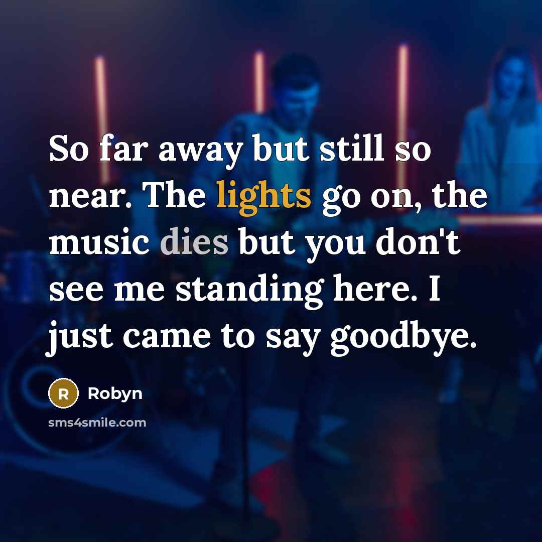 “So far away but still so near. The lights go on, the music dies but you don't see me standing here. I just came to say goodbye.” quote by Robyn
