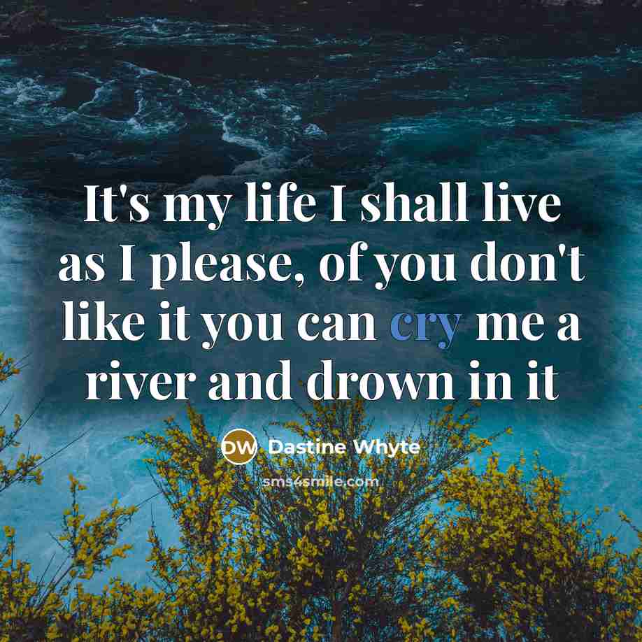“It's my life I shall live as I please, of you don't like it you can cry me a river and drown in it” quote by Dastine Whyte