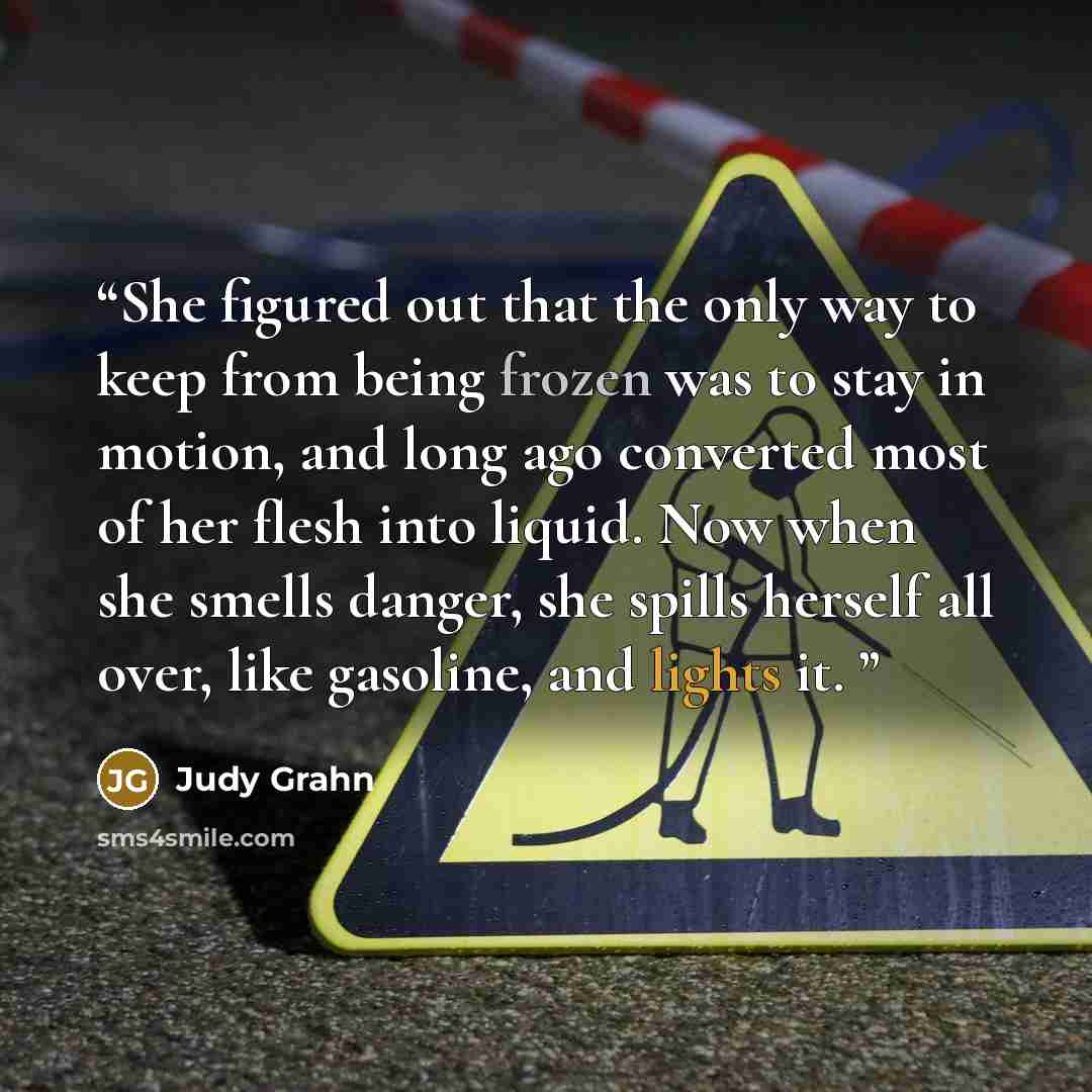 “She figured out that the only way to keep from being frozen was to stay in motion, and long ago converted most of her flesh into liquid. Now when she smells danger, she spills herself all over, like gasoline, and lights it.” quote by Judy Grahn