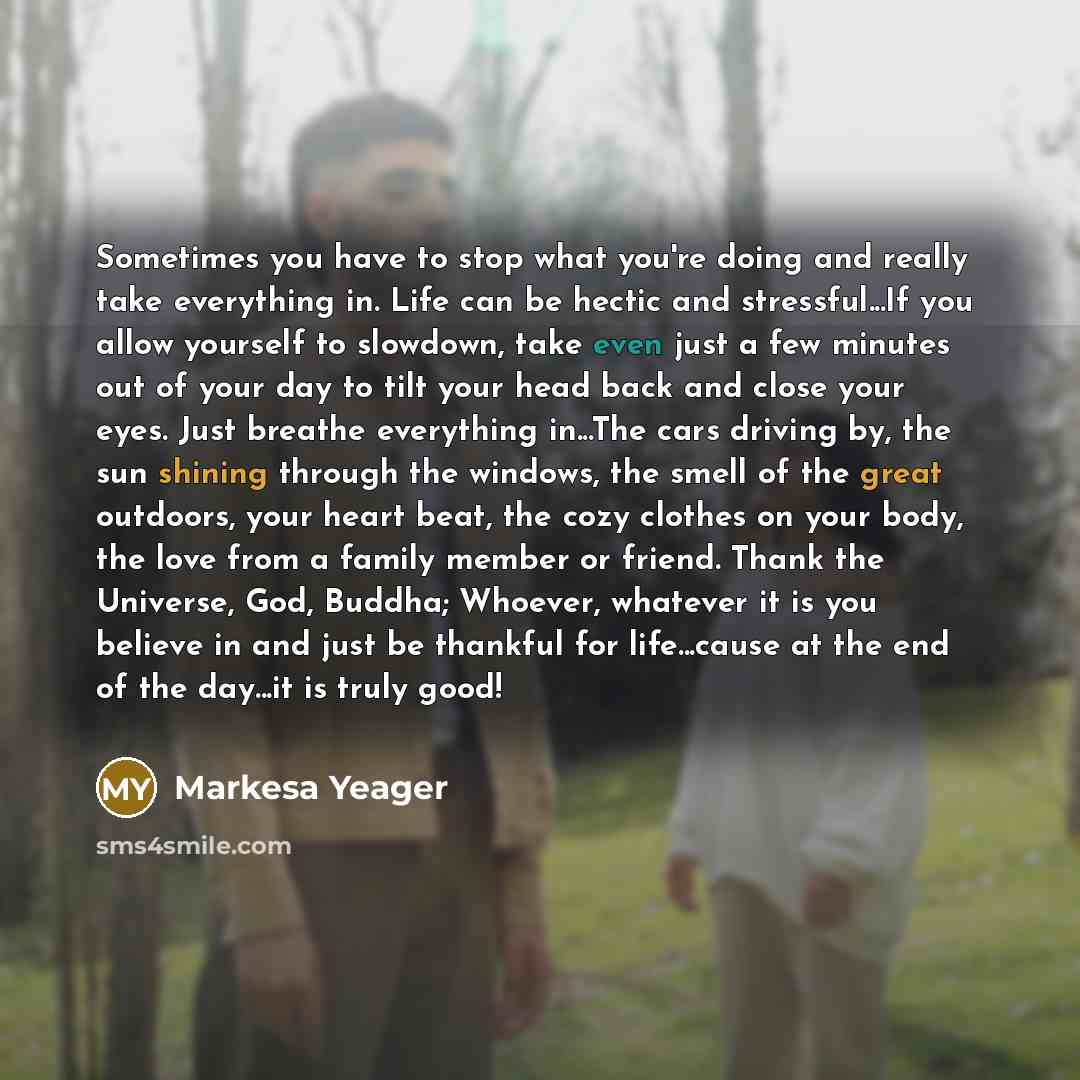 “Sometimes you have to stop what you're doing and really take everything in. Life can be hectic and stressful...If you allow yourself to slowdown, take even just a few minutes out of your day to tilt your head back and close your eyes. Just breathe everything in...The cars driving by, the sun…” quote by Markesa Yeager