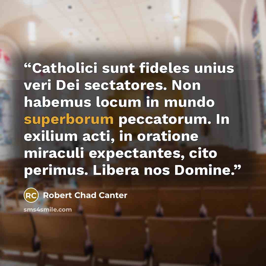 “Catholici sunt fideles unius veri Dei sectatores. Non habemus locum in mundo superborum peccatorum. In exilium acti, in oratione miraculi expectantes, cito perimus. Libera nos Domine.” quote by Robert Chad Canter