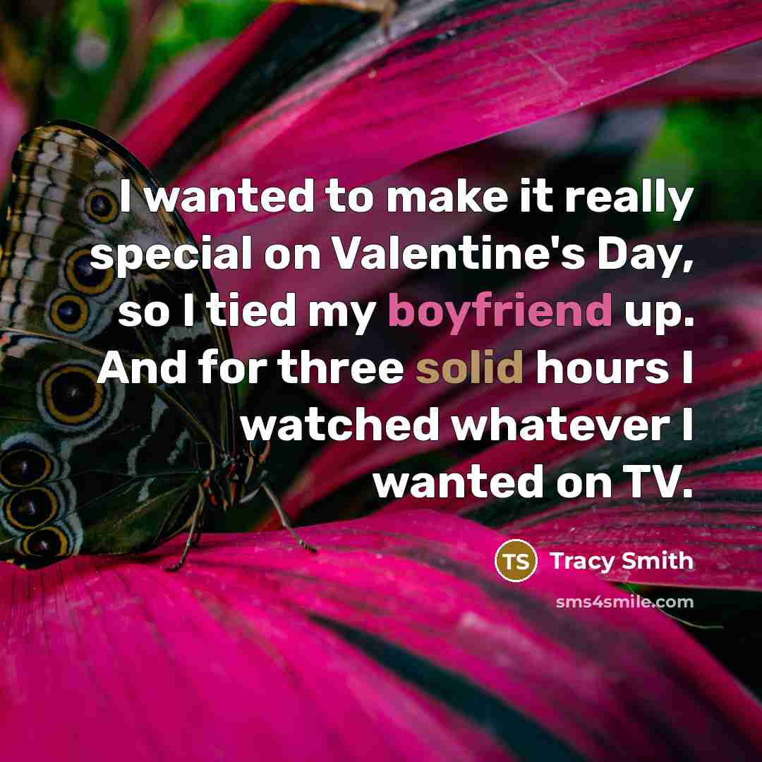 “I wanted to make it really special on Valentine's Day, so I tied my boyfriend up. And for three solid hours I watched whatever I wanted on TV.” quote by Tracy Smith