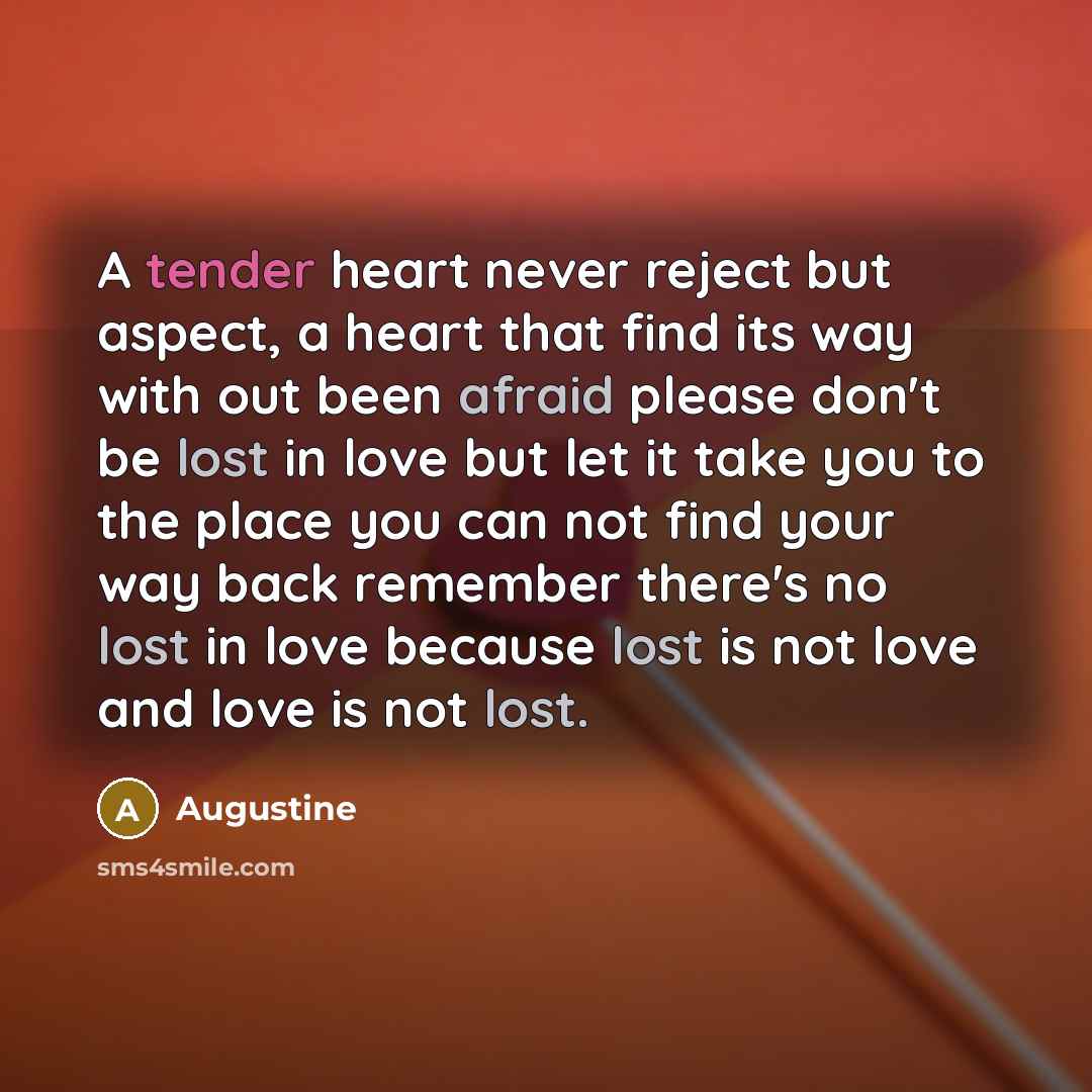“A tender heart never reject but aspect, a heart that find its way with out been afraid please don't be lost in love but let it take you to the place you can not find your way back remember there's no lost in love because lost is not love and love is not lost.” quote by Augustine