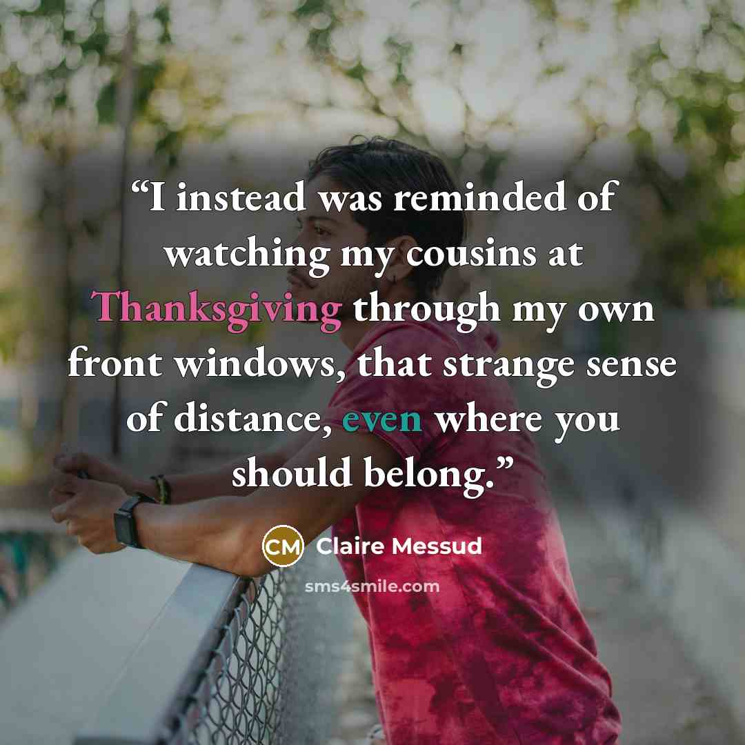 “I instead was reminded of watching my cousins at Thanksgiving through my own front windows, that strange sense of distance, even where you should belong.” quote by Claire Messud
