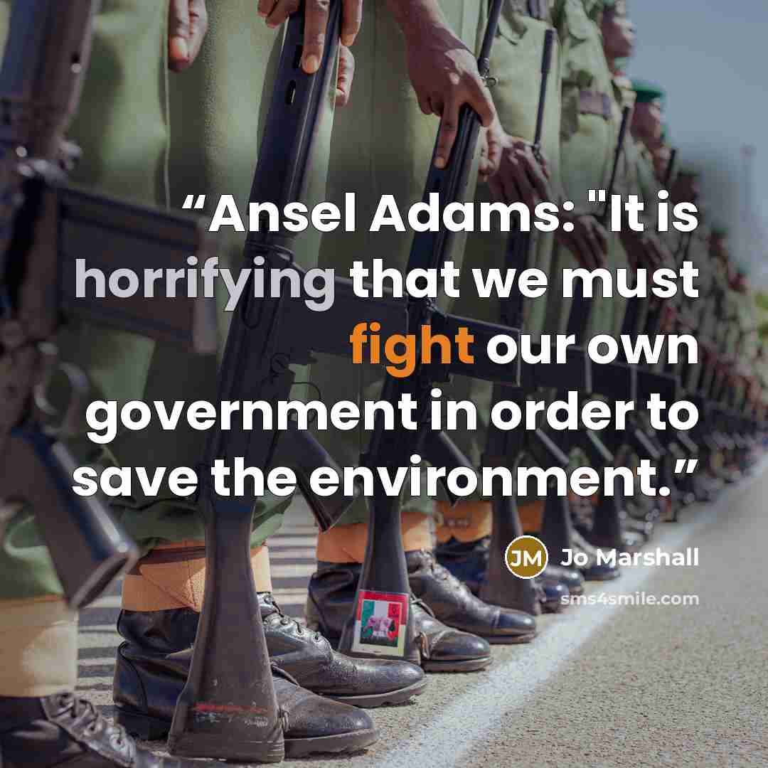 “Ansel Adams: "It is horrifying that we must fight our own government in order to save the environment.” quote by Jo Marshall
