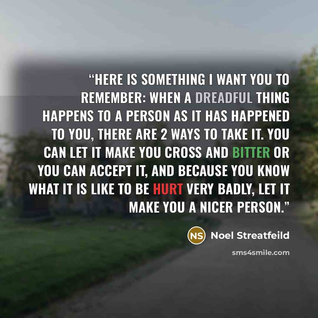 “Here is something I want you to remember: when a dreadful thing happens to a person as it has happened to you, there are 2 ways to take it. You can let it make you cross and bitter or you can accept it, and because you know what it is like to be hurt very badly, let it make you a nicer person.” quote by Noel Streatfeild