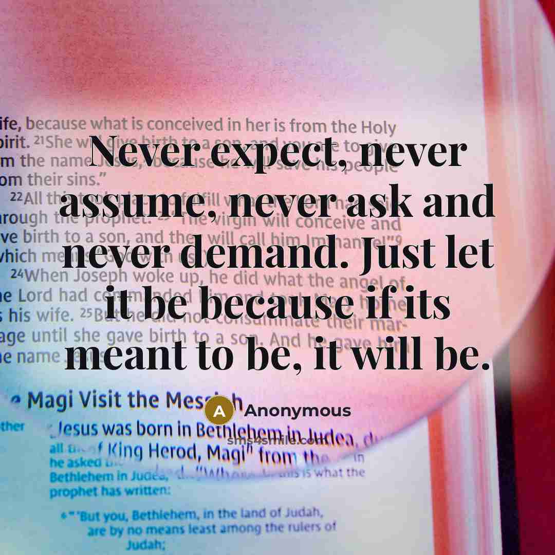 “Never expect, never assume, never ask and never demand. Just let it be because if its meant to be, it will be.” quote by Anonymous