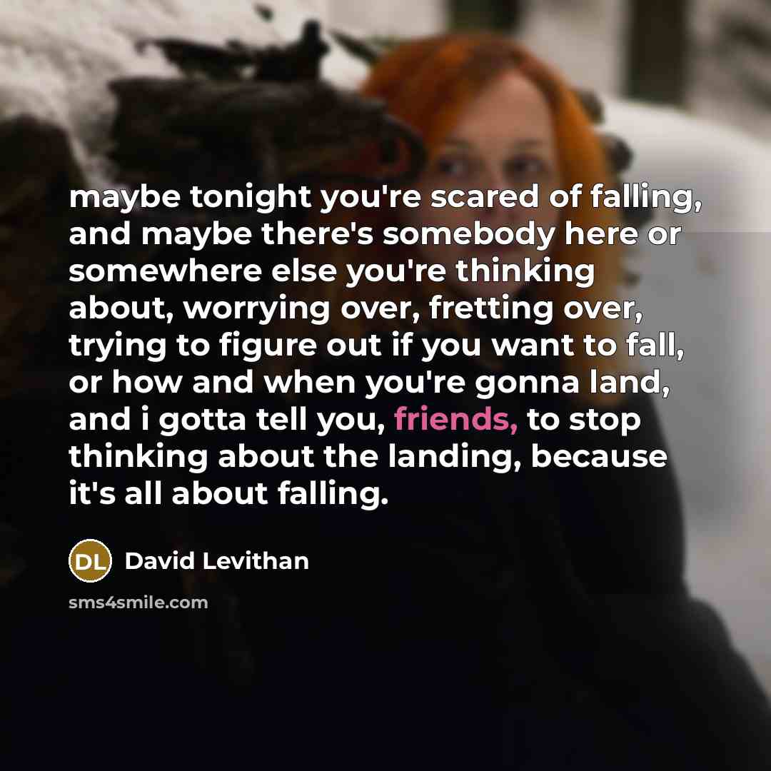 “maybe tonight you're scared of falling, and maybe there's somebody here or somewhere else you're thinking about, worrying over, fretting over, trying to figure out if you want to fall, or how and when you're gonna land, and i gotta tell you, friends, to stop thinking about the landing, because…” quote by David Levithan