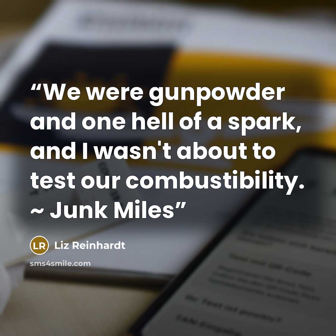 “We were gunpowder and one hell of a spark, and I wasn't about to test our combustibility. ~ Junk Miles” quote by Liz Reinhardt