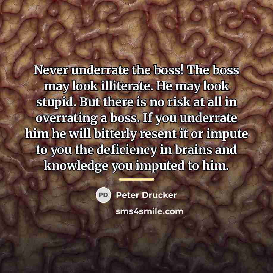 “Never underrate the boss! The boss may look illiterate. He…” quote by Peter Drucker
