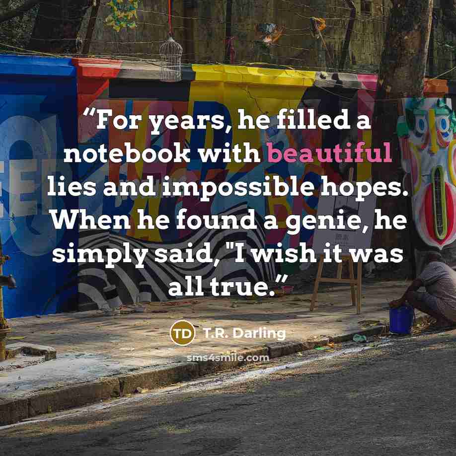 “For years, he filled a notebook with beautiful lies and impossible hopes. When he found a genie, he simply said, "I wish it was all true.” quote by T.R. Darling