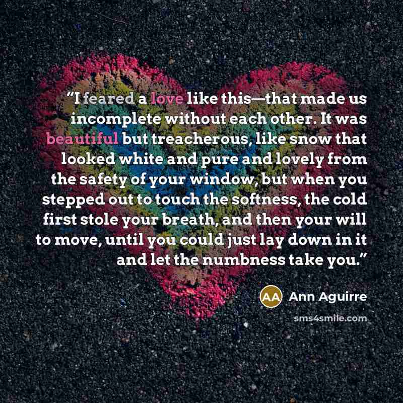 “I feared a love like this—that made us incomplete without each other. It was beautiful but treacherous, like snow that looked white and pure and lovely from the safety of your window, but when you stepped out to touch the softness, the cold first stole your breath, and then your will to move…” quote by Ann Aguirre