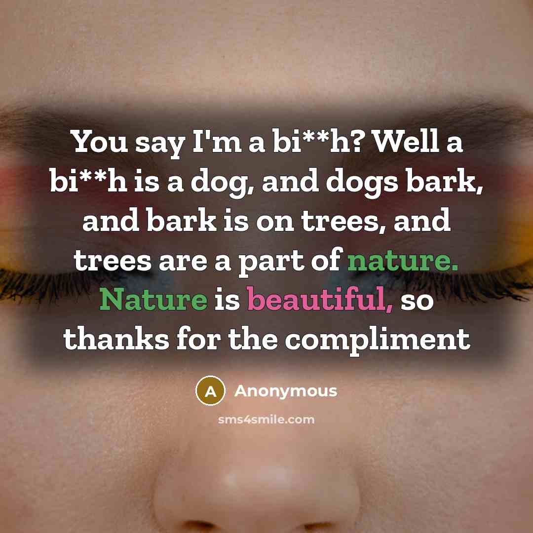 “You say I'm a bi**h? Well a bi**h is a dog, and dogs bark, and bark is on trees, and trees are a part of nature. Nature is beautiful, so thanks for the compliment” quote by Anonymous