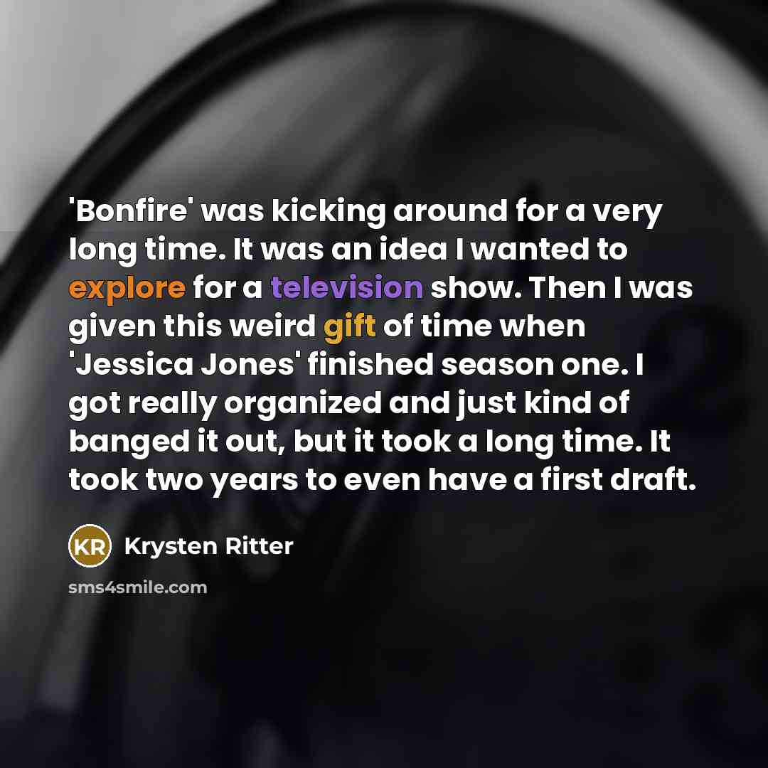 “'Bonfire' was kicking around for a very long time. It was an idea I wanted to explore for a television show. Then I was given this weird gift of time when 'Jessica Jones' finished season one. I got really organized and just kind of banged it out, but it took a long time. It took two years to even…” quote by Krysten Ritter
