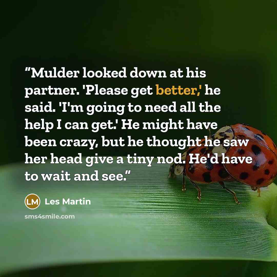 “Mulder looked down at his partner. 'Please get better,' he said. 'I'm going to need all the help I can get.' He might have been crazy, but he thought he saw her head give a tiny nod. He'd have to wait and see.” quote by Les Martin
