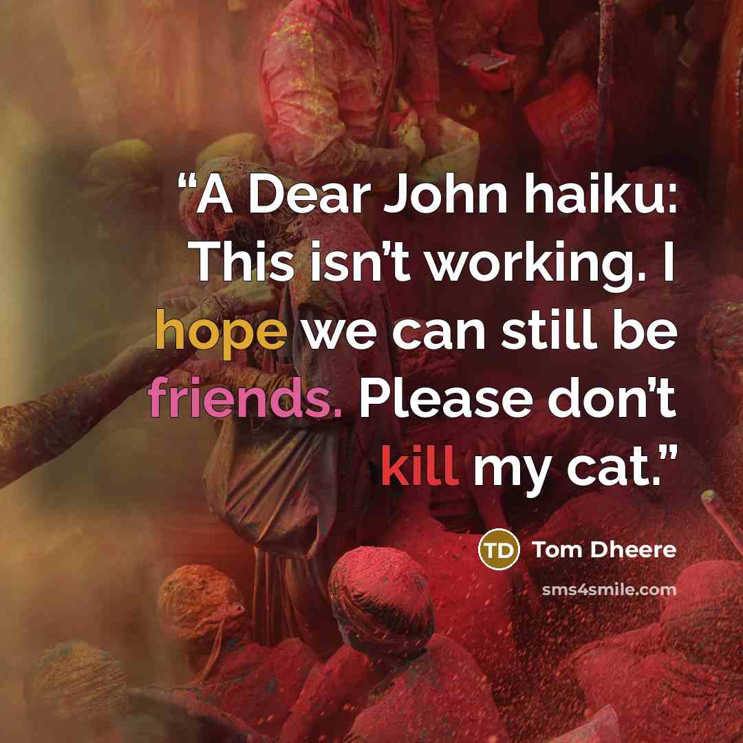 “A Dear John haiku: This isn’t working. I hope we can still be friends. Please don’t kill my cat.” quote by Tom Dheere