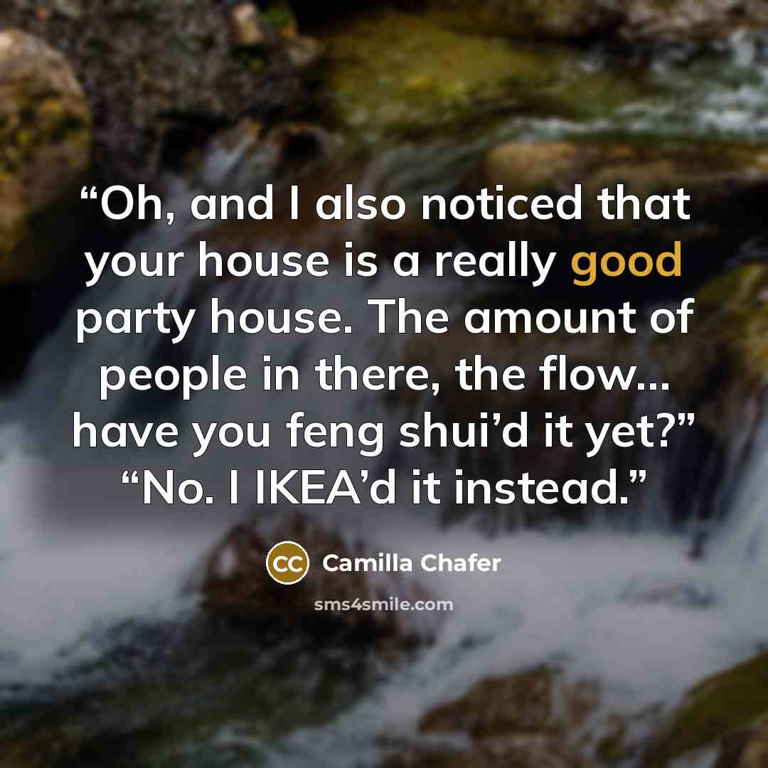 “Oh, and I also noticed that your house is a really good party house. The amount of people in there, the flow… have you feng shui’d it yet?” “No. I IKEA’d it instead.” quote by Camilla Chafer