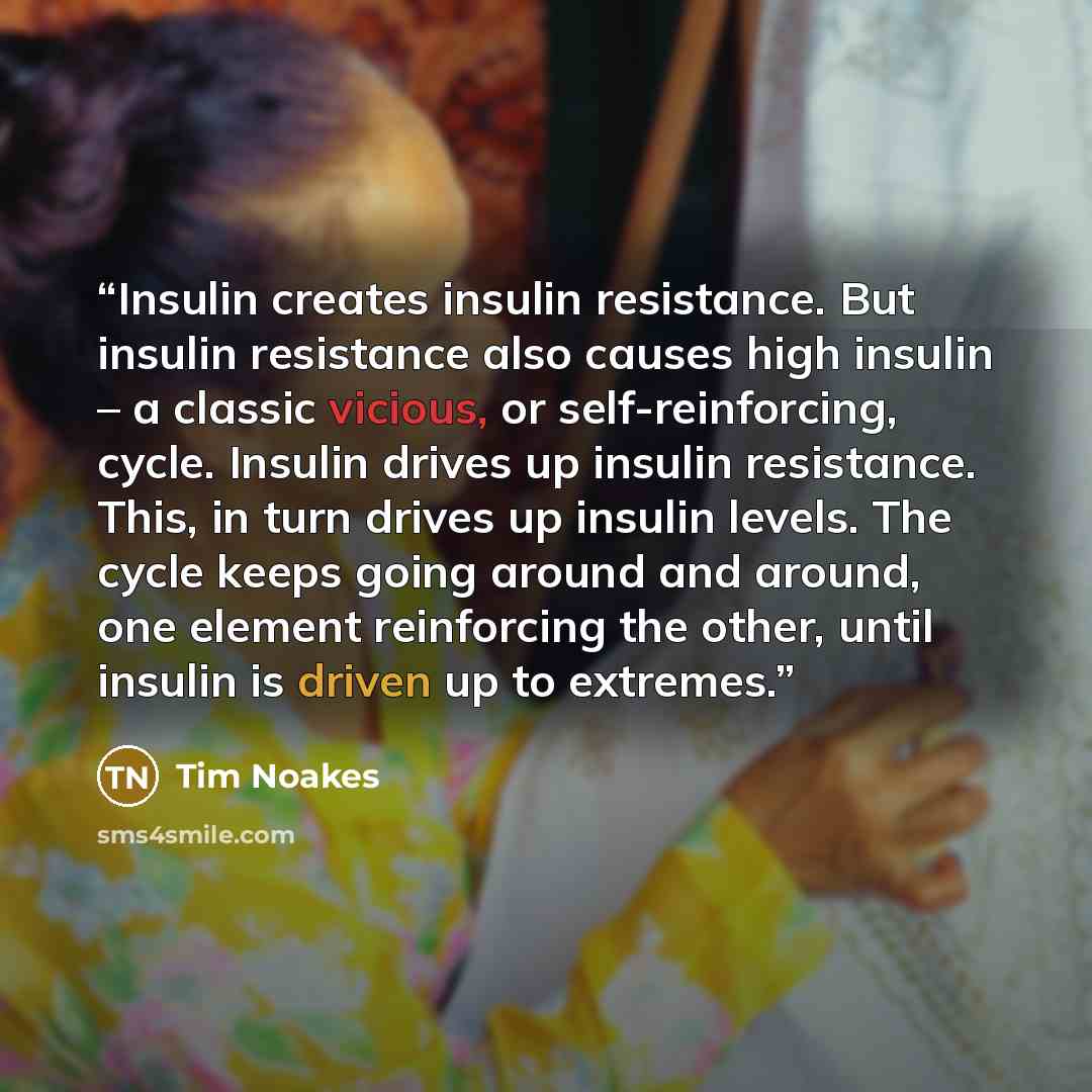 “Insulin creates insulin resistance. But insulin resistance also causes high insulin – a classic vicious, or self-reinforcing, cycle. Insulin drives up insulin resistance. This, in turn drives up insulin levels. The cycle keeps going around and around, one element reinforcing the other, until…” quote by Tim Noakes