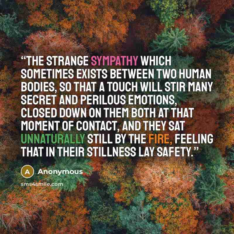 “The strange sympathy which sometimes exists between two human bodies, so that a touch will stir many secret and perilous emotions, closed down on them both at that moment of contact, and they sat unnaturally still by the fire, feeling that in their stillness lay safety.” quote by Anonymous