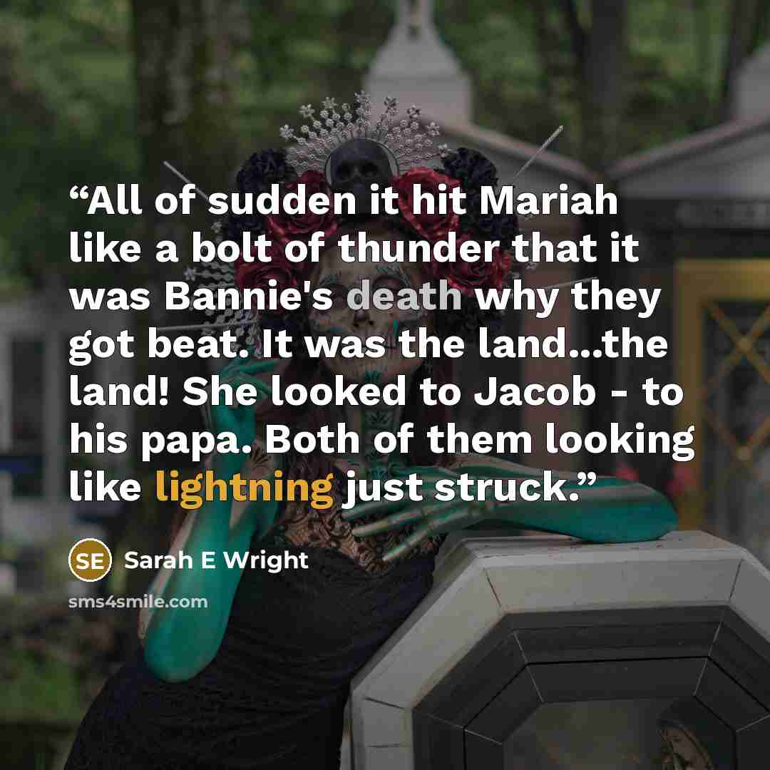 “All of sudden it hit Mariah like a bolt of thunder that it was Bannie's death why they got beat. It was the land...the land! She looked to Jacob - to his papa. Both of them looking like lightning just struck.” quote by Sarah E Wright