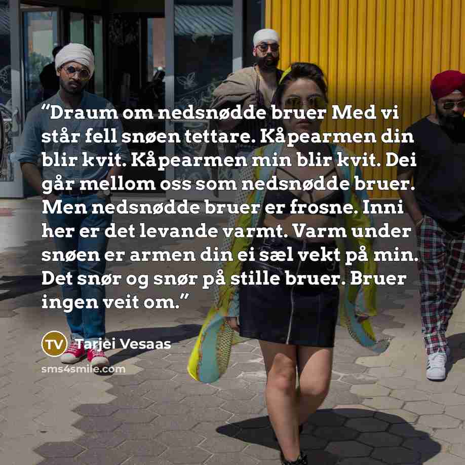 “Draum om nedsnødde bruer Med vi står fell snøen tettare. Kåpearmen din blir kvit. Kåpearmen min blir kvit. Dei går mellom oss som nedsnødde bruer. Men nedsnødde bruer er frosne. Inni her er det levande varmt. Varm under snøen er armen din ei sæl vekt på min. Det snør og snør på stille bruer. Bruer…” quote by Tarjei Vesaas